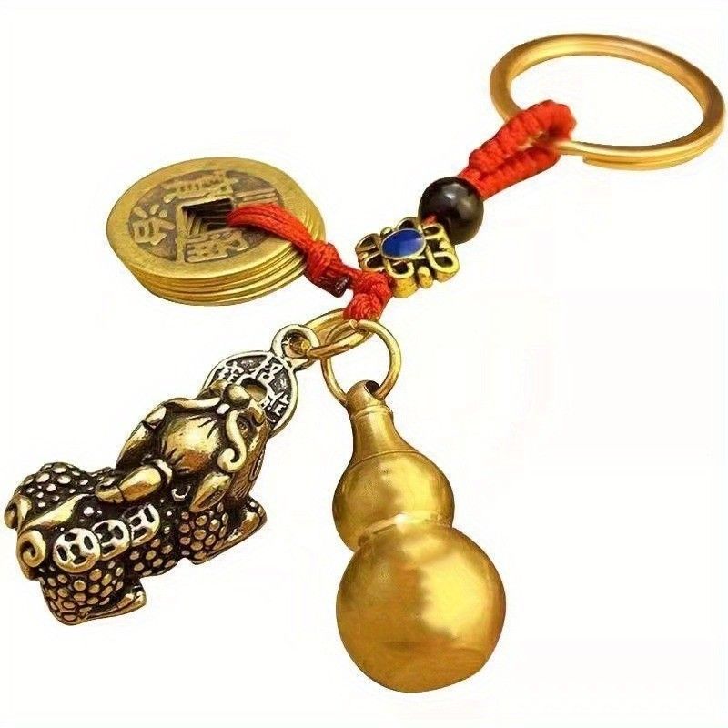 Add good luck pendant, Chinese mascot, brass Pixiu gourd keychain