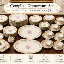 Theodore Haviland Limoges "Vendome" (Yellow Trim) Fine China Dinnerware Set Vintage Discontinued French Porcelain — 75 Pieces Total
