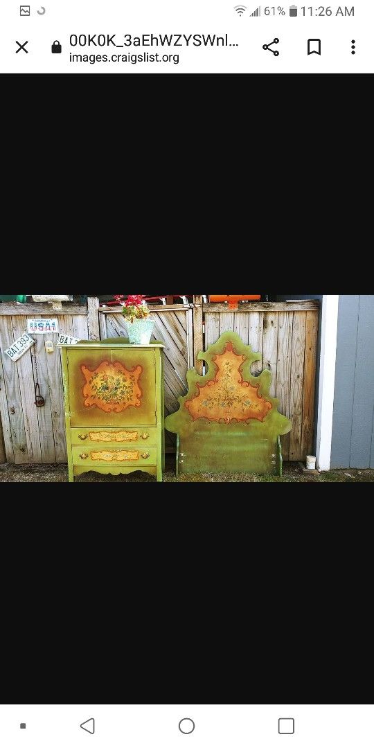 Vtg 20's Solid Wood Hand Painted Armoire Matching Twin Headboard & Picture