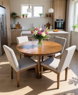 5-Piece Round Dining Set, 48" Wood Table + 4 Upholstered Chairs, $450