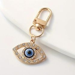Brand New Unisex Gold Toned Rhinestone Blue Evil Eye Keychain & Bag’ Charm