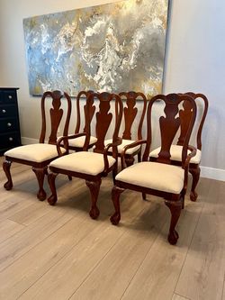 SIX Vintage Queen Anne Mahogany Dining Chairs w/ Off White Upholstery