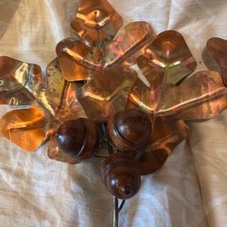 VTG/MCM Copper Oak Leaf & Wooden Acorn Wall Art