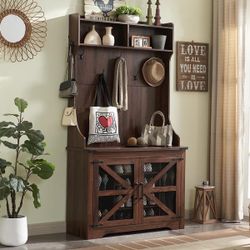 Farmhouse Entryway Bench w/ Coat Rack, 12 Shoe Cubbies & 7 Coat Hooks Hall Tree with Shoe Storage Bench, Mudroom Storage Cabinet
