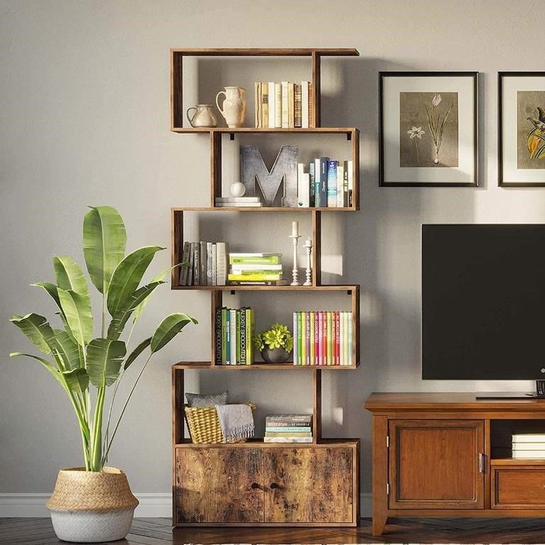 Brand new Rolanstar Bookshelf with Cabinet, 6-Tier Bookcase with Door, Freestanding Bookshelves Storage Display Shelf, Rustic Wooden Bookshelf for Liv
