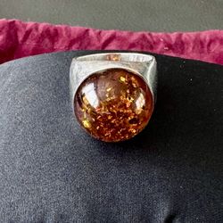 Ring Silver 925 Heavy Amber Size 7.5