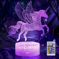 3D Illusion Lamp Unicorn, 3D Flying Unicorn Night Light Remote Control Desk Visual Lamp 16 Changeable Colors