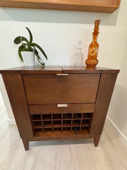 Crate Barrel Wood Bar Cart – opens up with lots of storage (LIKE NEW)