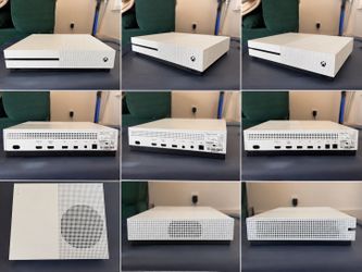 Xbox One S gaming console with 3 controllers