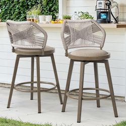 27”H Boho Aluminum Wicker Swivel Bar Stools, Light Apricot (Set of 2)