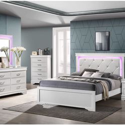 NEW White LED Queen Bedroom 4 Pc Set K Furniture & More 