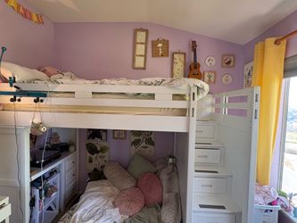 TWIN White Wooden Loft Bed with Desk and Storage Stairs
