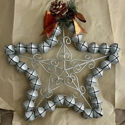 Hand Crafted 14” Silver Wired Frame Glittered Sleigh Bell Star