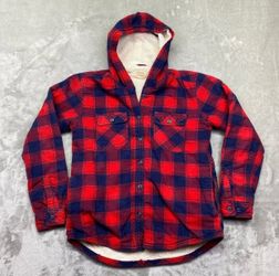 Boston Traders Red Navy Plaid Sherpa Lined Hooded Flannel Shirt Jacket Women S