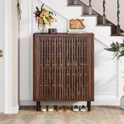 New assembled 6-Tier Shoe Cabinet with Shutter Doors, Large Wooden Shoe Organizer Rack with Adjustable Shelves, Modern Farmhouse Hidden Storage Furnit