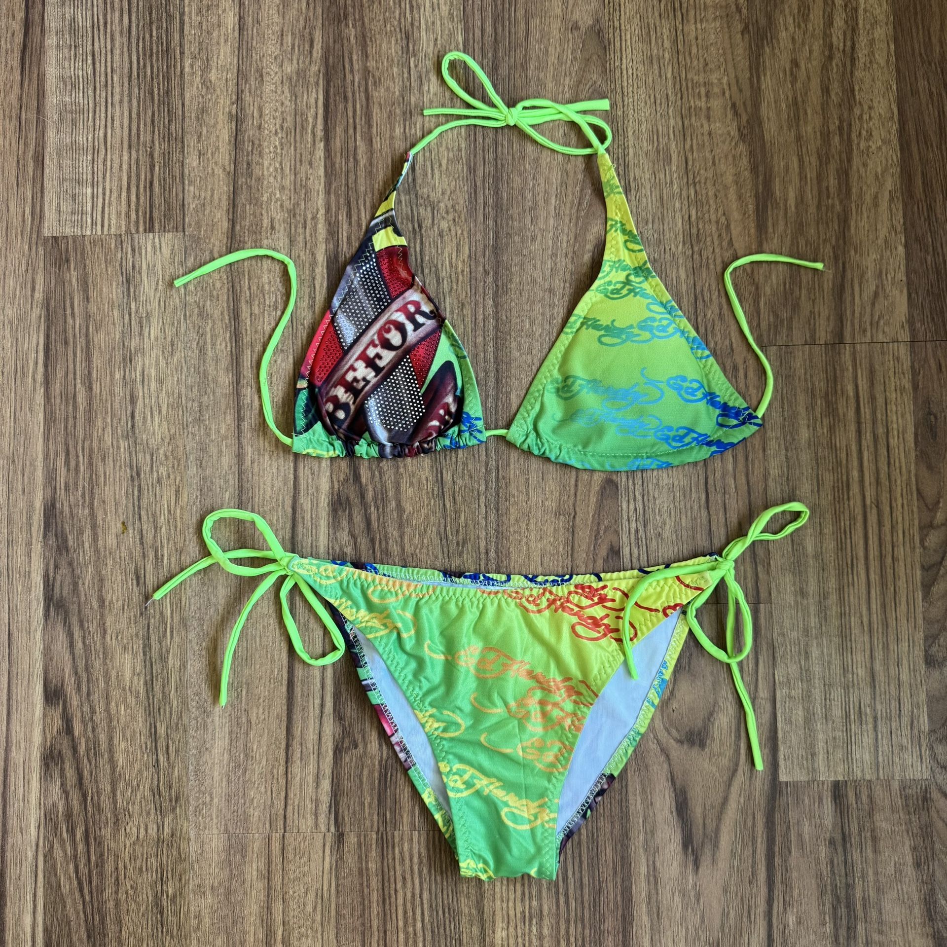 ED HARDY Vintage Y2K Rare Neon Green Bedazzled Dishonor Edgy String Bikini Set