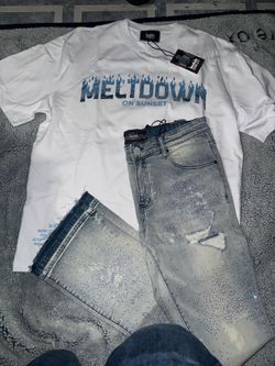 Meltdown down on sunset shirt with matching stacked jeans diamond embroidered