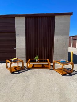 1980s Postmodern oak coffee table & end tables 3 piece set