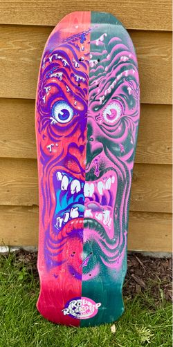 Santa Cruz Rob Roskopp Face Reissue Deck-two-tone split colorway released in 2021-used deck but excellent condition with a few wear spots