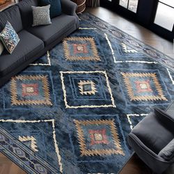 Area Rug 8x10 Rug Machine Washable Non-Slip Low Pile Print Pattern Western Rug for Living Room Bedroom Entryway Tribal Series -Darkblue New