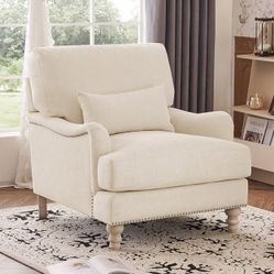 Modern Fabric Upholstered Accent Chair with Nailhead Trim, Beige