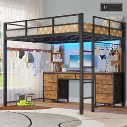 Brand New Full Size Loft Bed With Desk, Shelves & LED Lights