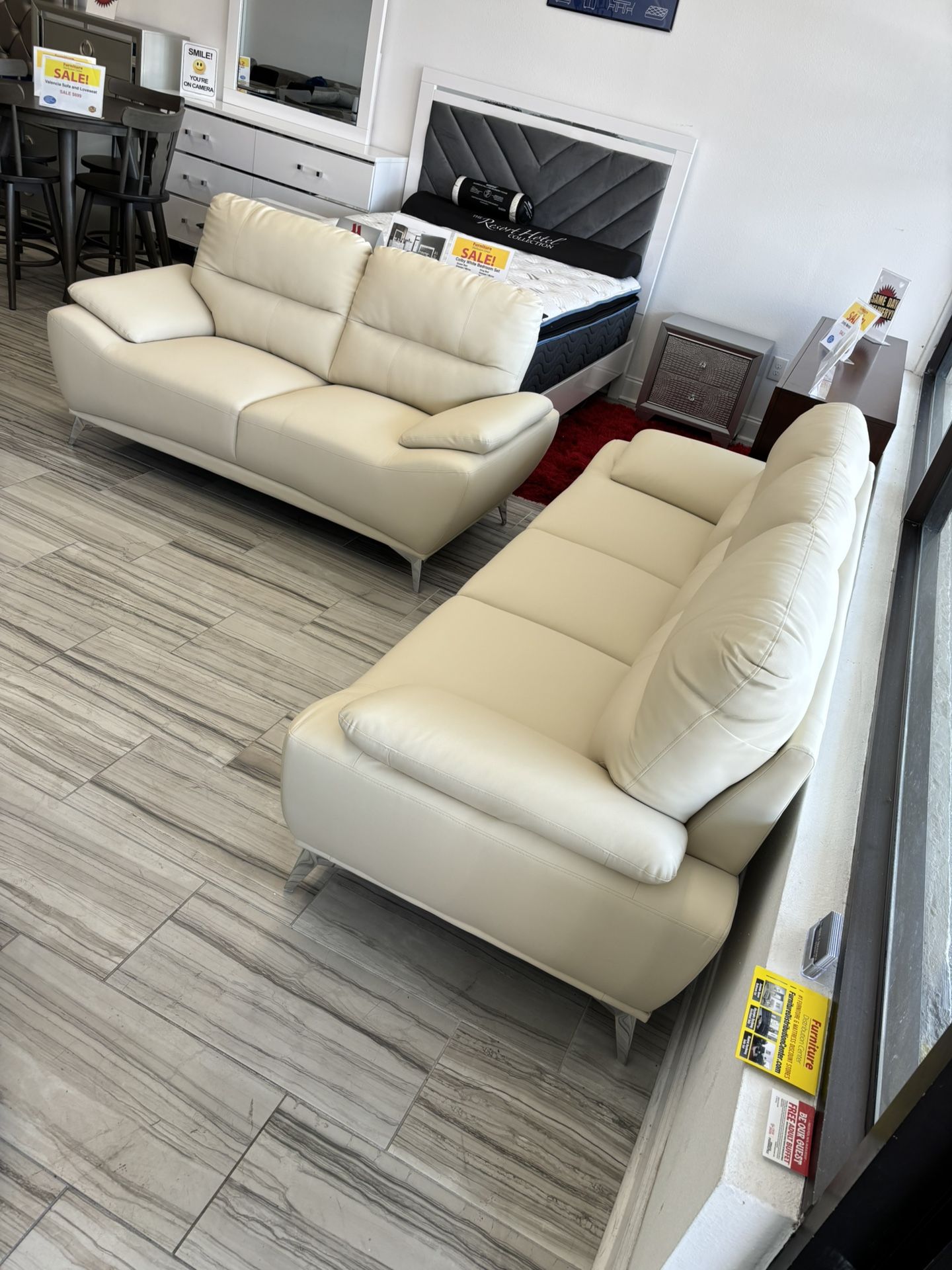 Valencia beige sofa and loveseat set now $699. Easy finance option. Same day delivery.