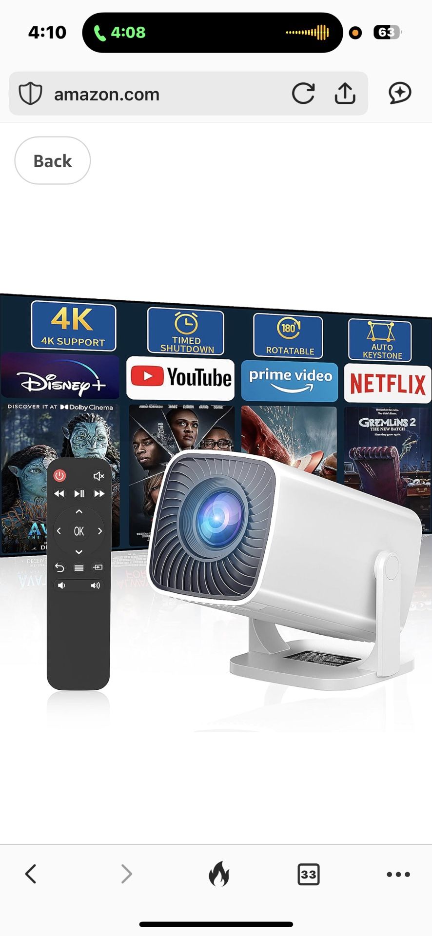 Mini Projector, Portable Outdoor Projector 4K Supported, Short Throw Movie Projector Compatible with Smartphone, TV Stick, Laptop, Game Consoles