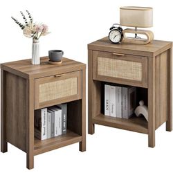 Set of 2 - Farmhouse Night Stand with Drawer and Storage Shelf - Boho Bedside Table End Side Table f