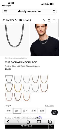DAVID YURMAN 20” 8mm MENS CURB CHAIN BLACK DIAMOND