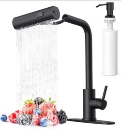 Grifos de cocina en cascada de color negro mate con rociador desplegable y dispensador de jabón