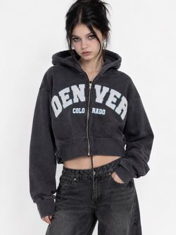 Vintage Y2K Denver Colorado Cropped Zip-Up Hoodie Size Small