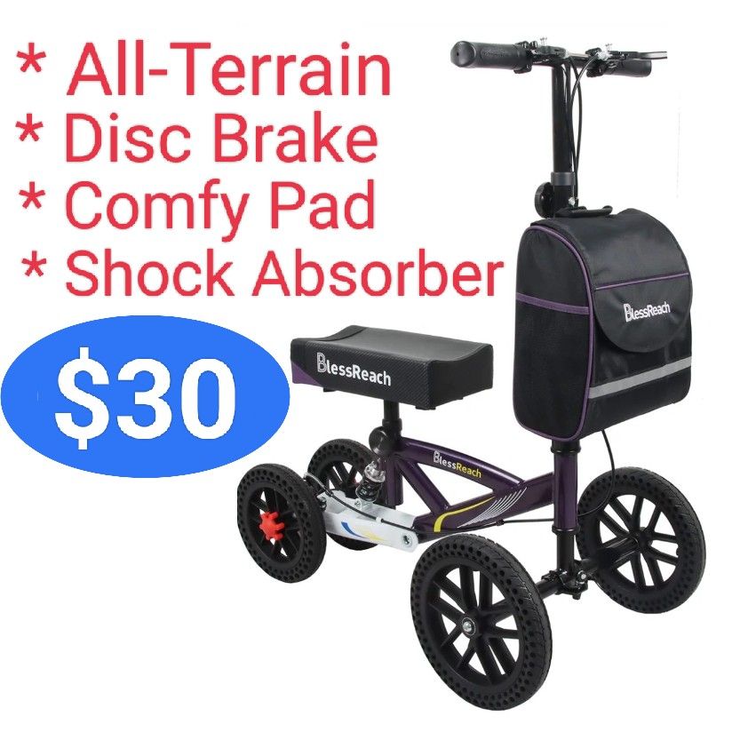 New All-Terrain Knee Scooter Walker Crutches Replacement, Upgraded Disc Brake, Shock, Adjustable, Foldable