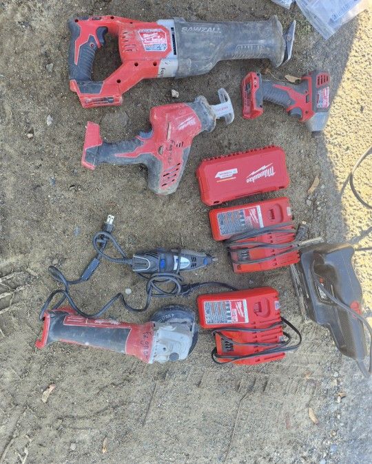 Milwaukee Bags With Sawzall ,hack Saw,impact Drill,grinder,2 Chargers ,Milwaukee. Sander And Dremel