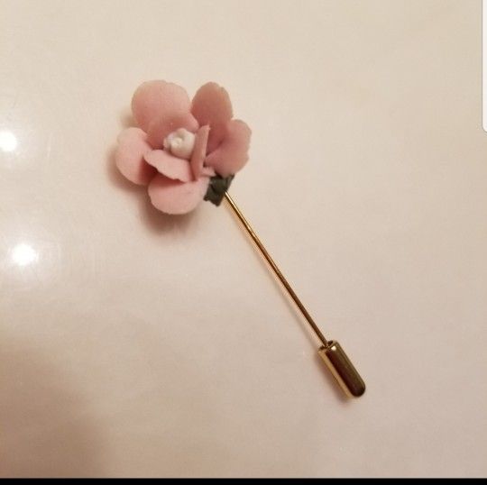 Vintage Ceramic Pink Rose Stick Hat & Lapel Pin