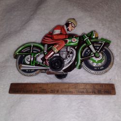 Vintage Tin Litho Friction Toy Motorcycle Racer 