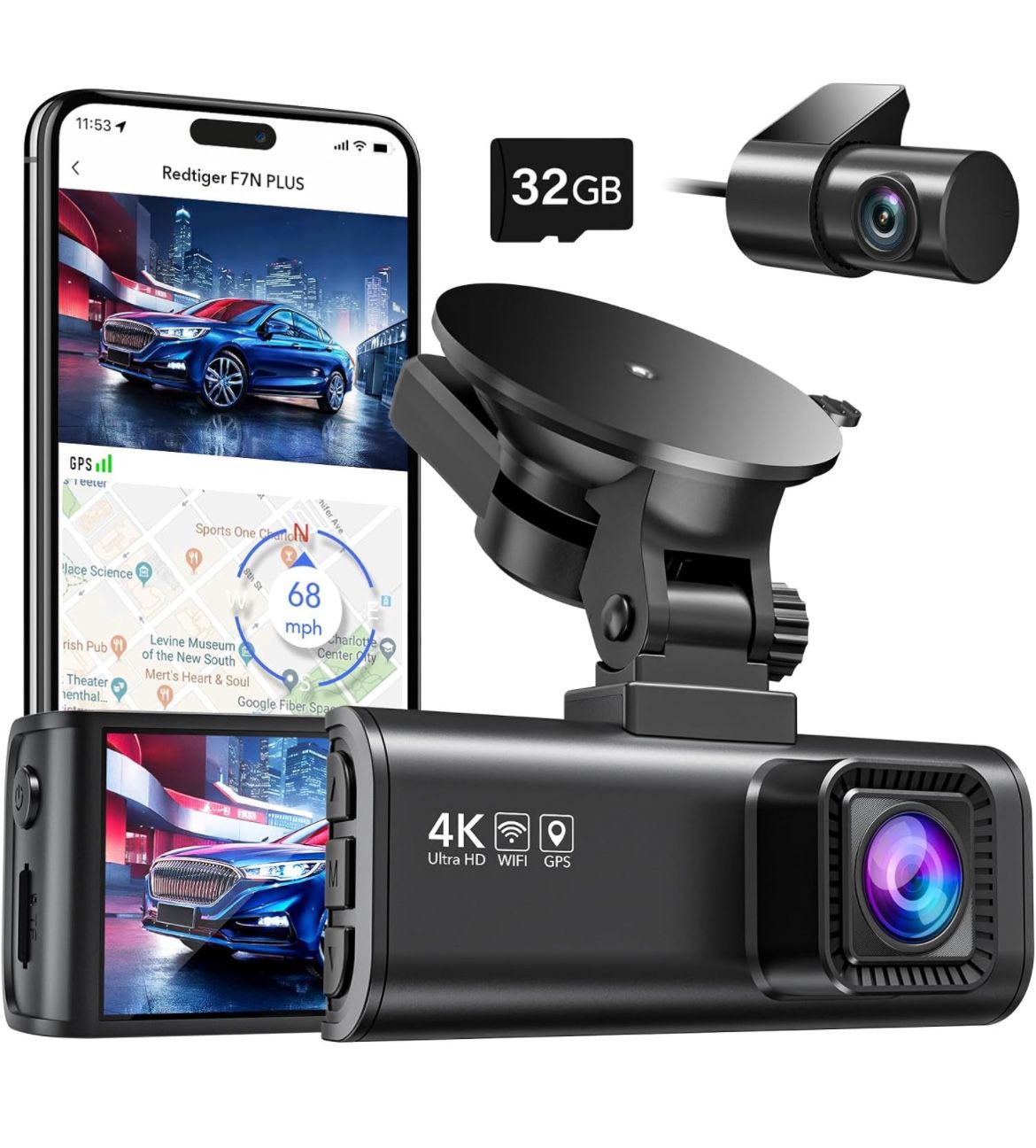 REDTIGER Dash Cam Front Rear, 4K/2.5K Full HD Dash Camera for Cars, Built-in Wi-Fi GPS, 3.16” IPS Screen, Night Vision, 170°Wide Angle, WDR, 24H Parki