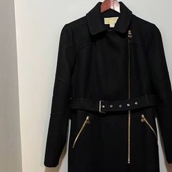 Michael Kors Black Wool Coat With Gold Zippers And Belt