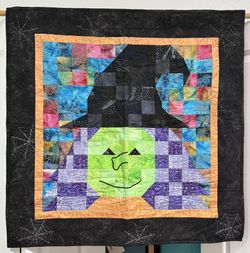 Handmade Quilted Halloween Wall Hanging – 33” x 33” – Witch Face Art Quilt – Signed & Dated