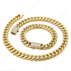 2 Piece Cuban Chain And Bracelet Hip Hop Gold Iced Out Paved Rhinestone CZ Bling Rapper Jewelry Set.