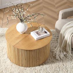 Maru Oak Round Coffee Table with Storage, solid and oak