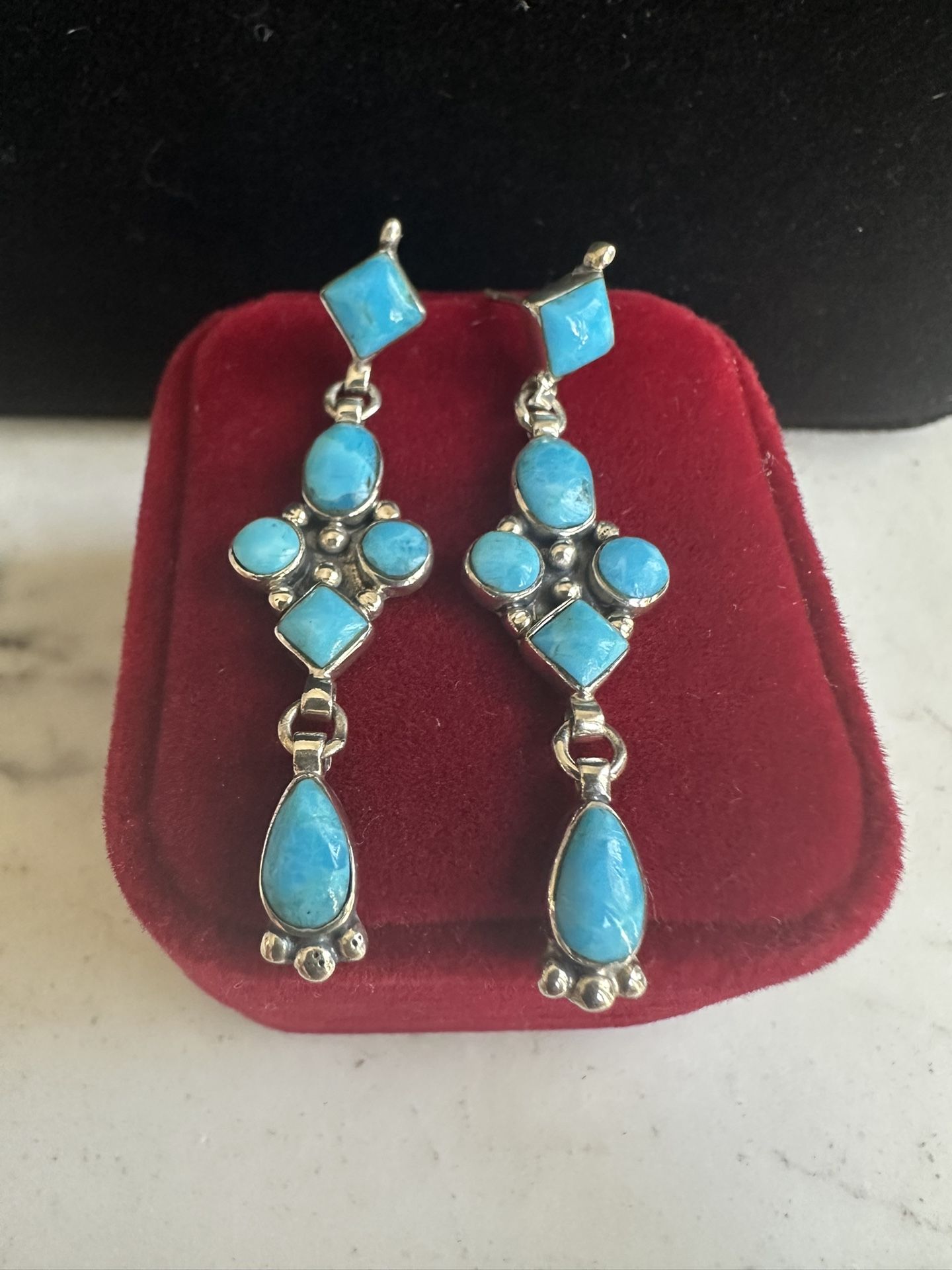 925 Sterling Silver , Beautiful Genuine Turquoise Dangle Earrings , Hallmarked, Just Under 2in Long , Great Condition , Hallmarked In Photos