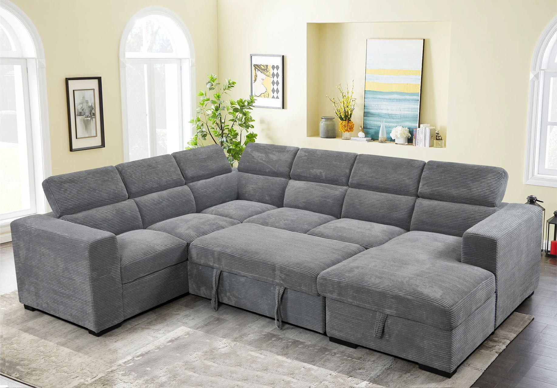 Spacious 123" U-Shaped Sectional Sofa – 7 Seats, Adjustable Headrests, Pull-Out Sofa Bed & Storage Chaise (Dark Gray)