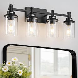 ONLY $35: 4-Light Bathroom Vanity Lights with Clear Glass Shades, Matte Black