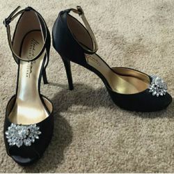 Mark & James by Badgley Mischka Satin Peep Toe Strappy Heels - Black, Size 9.5