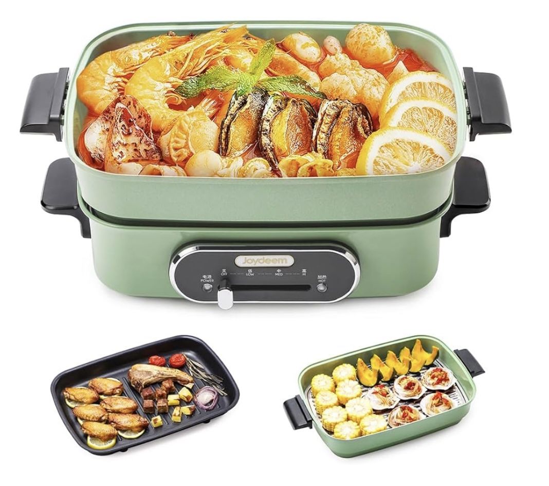 Joydeem 3-in-1 Electric Hot Pot, Multi-use Shabu Shabu Pot with Grill Pan & Steamer, Non-Stick