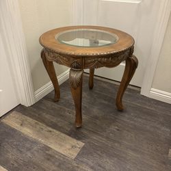 Vintage Wood Round Table With Glass