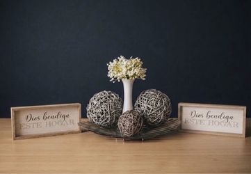 Set of 2 Framed Signs & Decorative Centerpiece Bowl with Balls & Vase
