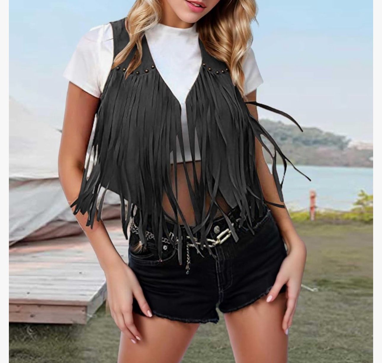 Vest for Womens Vintage Sleeveless Crop Vest Slim Fit Classic Suede Leather Cowboy Western Fringe