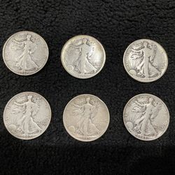 6 Silver Walking Liberty Half Dollars 